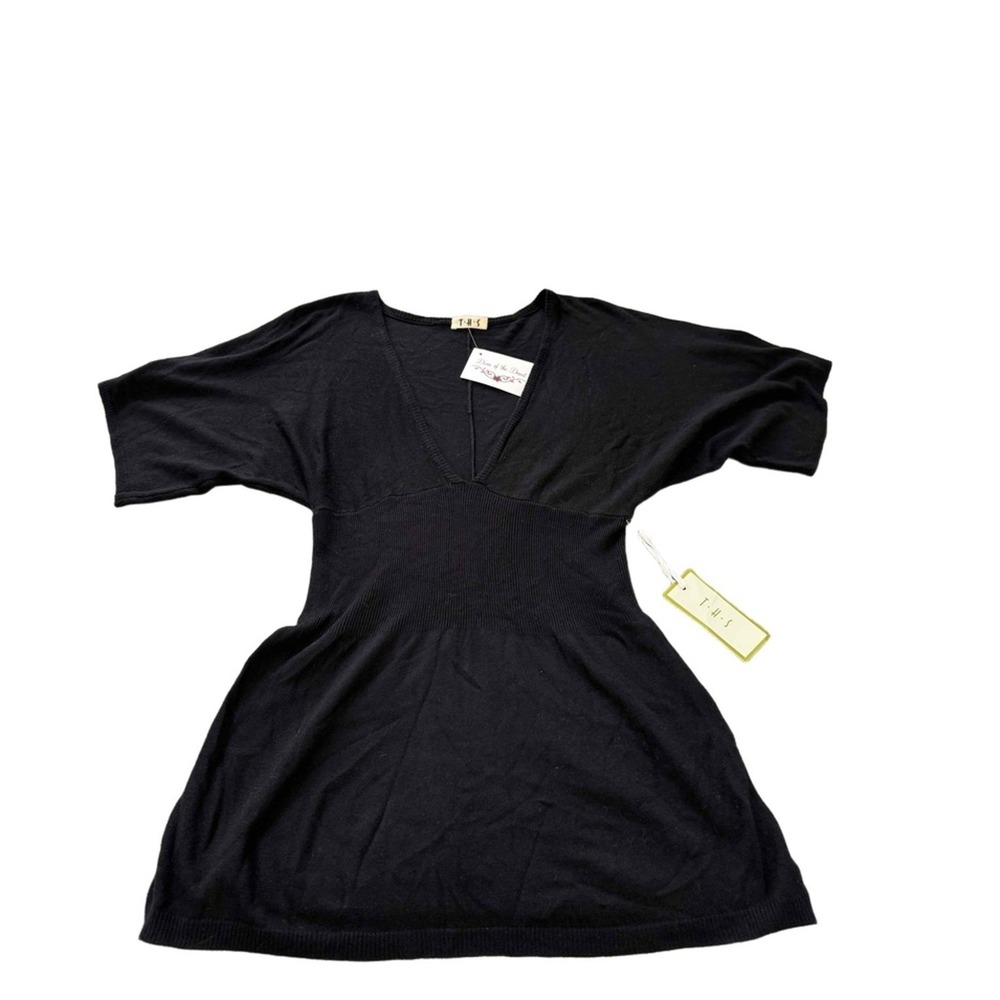 THS Kimono Sweater Womens S long Black 3/4 Sleeve V Neck Knit Empire Waist